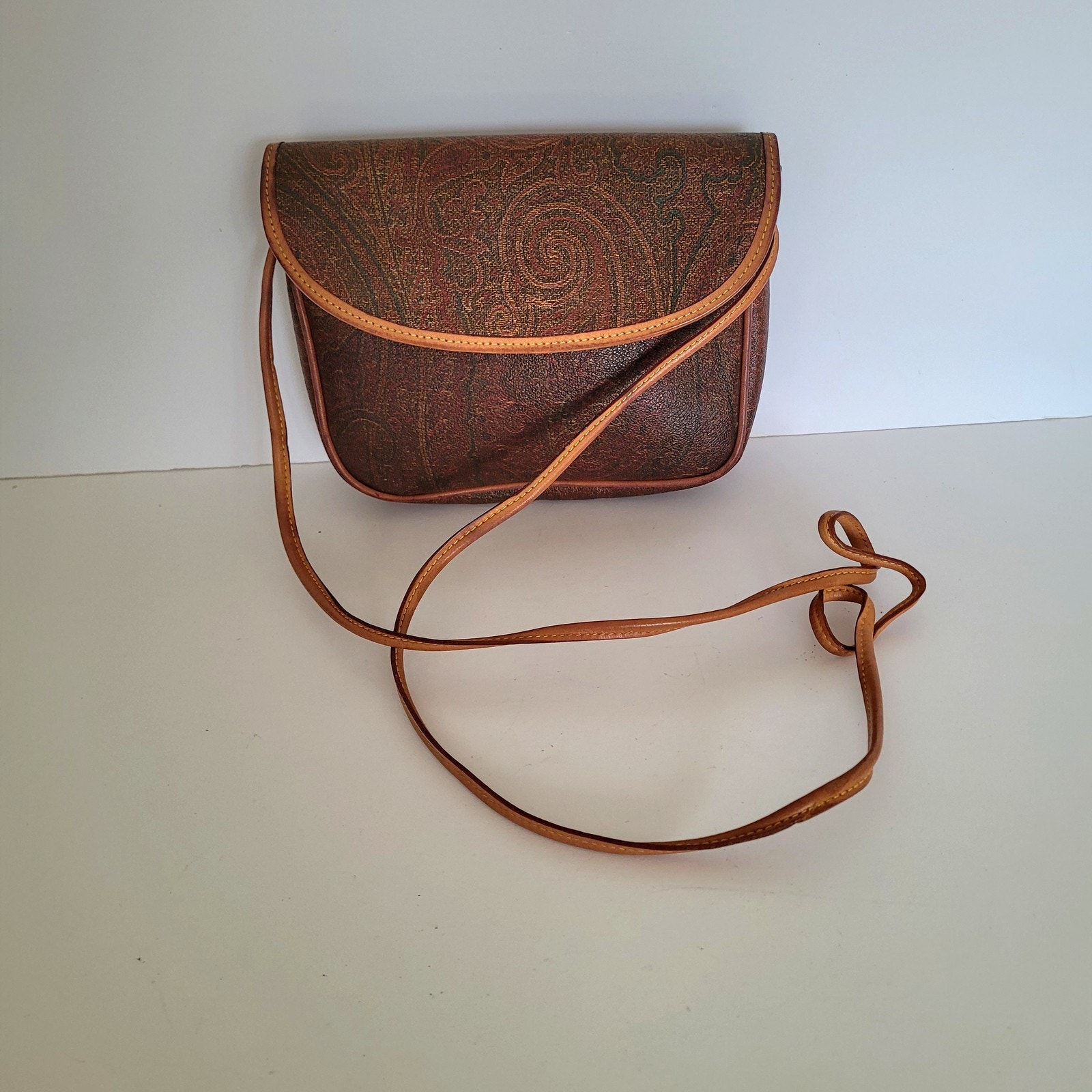 Vintage Etro Milano Paisley Coated Canvas Crossbody Bag Brown Leather Trim Italy